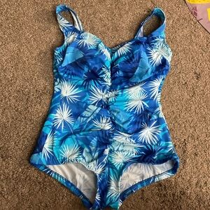 Le Cove Blue Flower Palm Swimsuit 16W